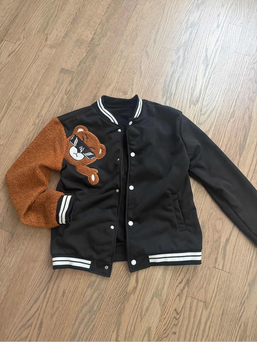 Kids Black & Brown Teddy Patch Bomber Jacket - Youth